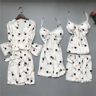Loungewear Set : Heart Print Suspender Sleep Dress + Camisole Top + Shorts + Robe