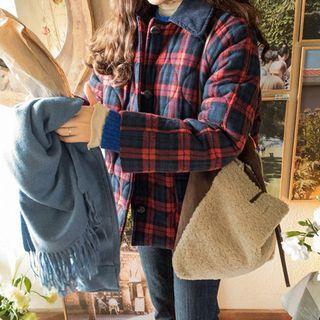 Corduroy Collar Plaid Quilted Jacket Red - One Size