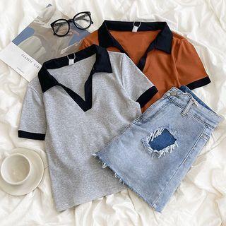 Short-sleeve Polo Collar V-neck Top