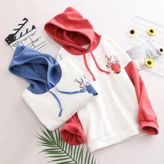 Deer Print Color-block Fleece-lined Hoodie
