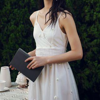 Spaghetti Strap Floral Embroidered Mesh Panel Midi A-line Dress