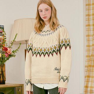 Nordic-patterned Cable-knit Sweater Beige - One Size