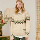 Nordic-patterned Cable-knit Sweater Beige - One Size