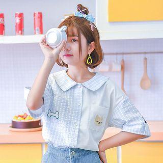 Dog Embroidered Plaid Panel Short Sleeve Shirt