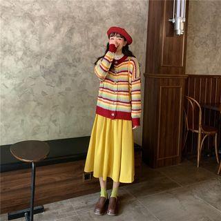 Striped Cardigan / Long-sleeve Lace Top / Midi A-line Skirt