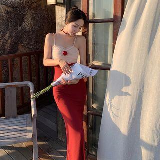 Spaghetti Strap Two-tone Knit Midi Mermaid Cocktail Dress