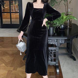Puff-sleeve Velvet Square-neck Dress