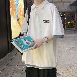 Mock Two-piece Short-sleeve Lettering Polo Shirt