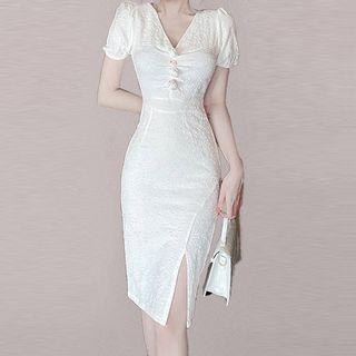 Short-sleeve V-neck Irregular Sheath Dress