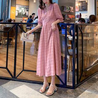 Balloon-sleeve Striped Shirred Midi A-line Dress