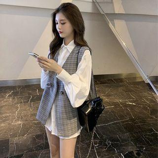 Set: Puff-sleeve Shirt + Double-breasted Plaid Vest