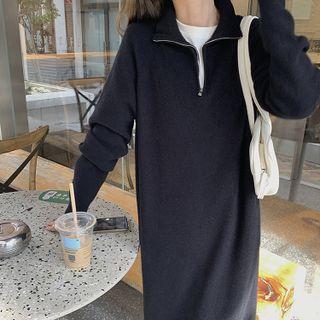 Long-sleeve Polo-collar Plain Slit Knit Dress Black - One Size