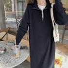 Long-sleeve Polo-collar Plain Slit Knit Dress Black - One Size