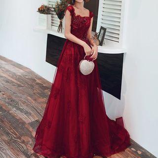 Wide Strap Rhinestone Floral Embroidered A-line Evening Gown