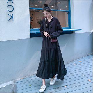 Ribbon Long-sleeve A-line Maxi Dress