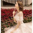 Flower Embroidered Short Sleeve Wedding Gown With Train