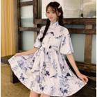 Stand-collar Frog-button Elbow-sleeve A-line Dress As Shown In Figure - One Size