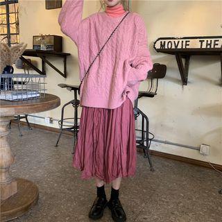 Plain Long-sleeve T-shirt / Cable-knit Oversize Distressed Sweater / Midi Skirt