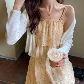 Spaghetti-strap Floral Chiffon Dress / Long-sleeve Plain Knit Cardigan