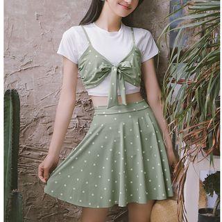 Set: Patterned Mock Two-piece Swim Top + Swim Bottom + Swim Skirt