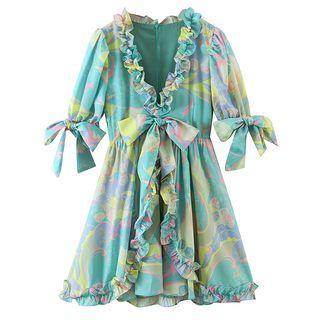 Elbow-sleeve Ruffled Print Mini A-line Dress