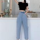 Plain Crew-neck Cropped T-shirt / High-waist Loose-fit Denim Jeans