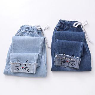 Cat Embroidered Straight Fit Jeans