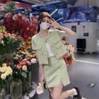 Short-sleeve Tassel Trim Button-up Jacket / A-line Skirt