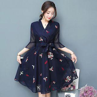 Embroidered Bell-sleeve Mesh Dress