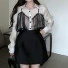 Mock Two-piece Shirred Mesh Overlay Shirt / A-line Skirt