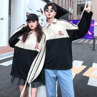 Couple Matching Polo Collar Color Block Pullover