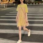 Mock Two-piece Elbow-sleeve Overlay Dress Yellow - One Size