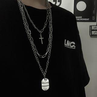 Cross Pendant Triple Layered Chain Necklace As Shown In Figure - One Size
