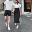 Couple Matching Plain Tie-waist Midi Straight-fit Skirt / Shorts / Tree Embroidered Short-sleeve T-shirt