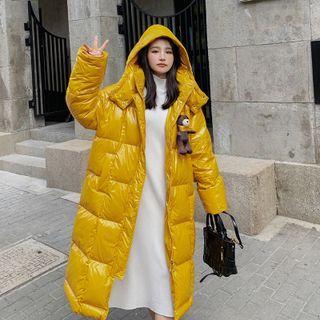 Bear Accent Hooded Wet-look Padded Coat
