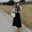 Single-breasted Sweater Vest / Long-sleeve Top / Midi A-line Skirt