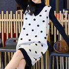 Set: Long-sleeve Knit Top + Dotted Knit Pinafore Dress