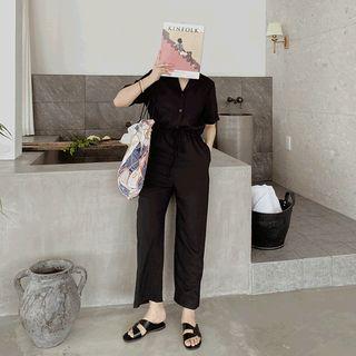 Drawstring-waist Jumpsuit Black - One Size