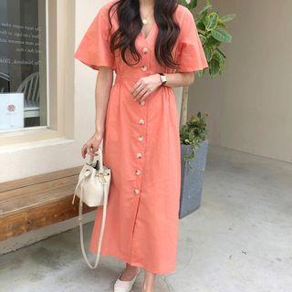 Single Breasted Bell-sleeve V-neck Dress