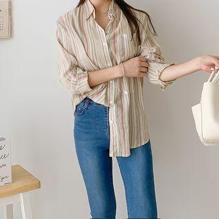 Tab-sleeve Dip-back Striped Shirt