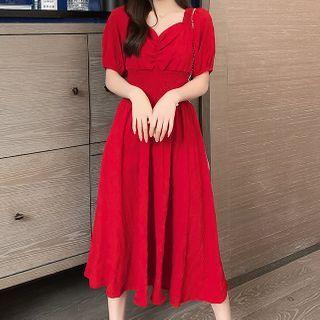 Plain Short-sleeve Shirred Midi A-line Dress