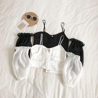 3/4-sleeve Cold Shoulder Mesh Paneled Cropped Top