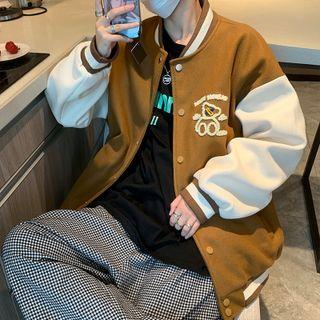Bear Embroidered Two Tone Baseball Jacket