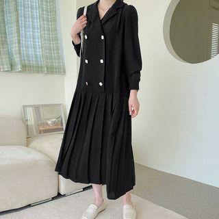 Double-button Pleated-hem Maxi Dress With Sash