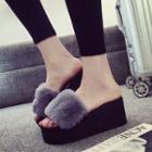 Furry Wedge-heel Platform Slippers