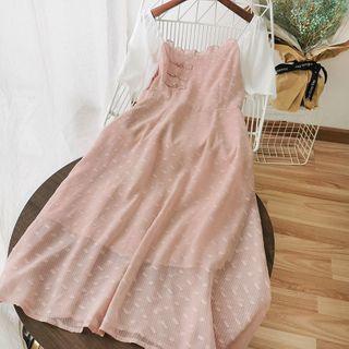 Printed Puff-sleeve Mesh Maxi Dress
