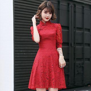 Mandarin Collar Elbow-sleeve Mini A-line Lace Dress