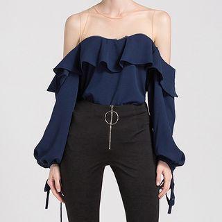Off Shoulder Sheer Panel Ruffle Trim Blouse