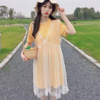 Set: Striped Short-sleeve T-shirt Dress + Sleeveless Mesh Dress Set - White & Yellow - One Size