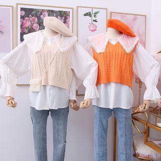 Set: Peter Pan-collar Chiffon Top + Knit Vest